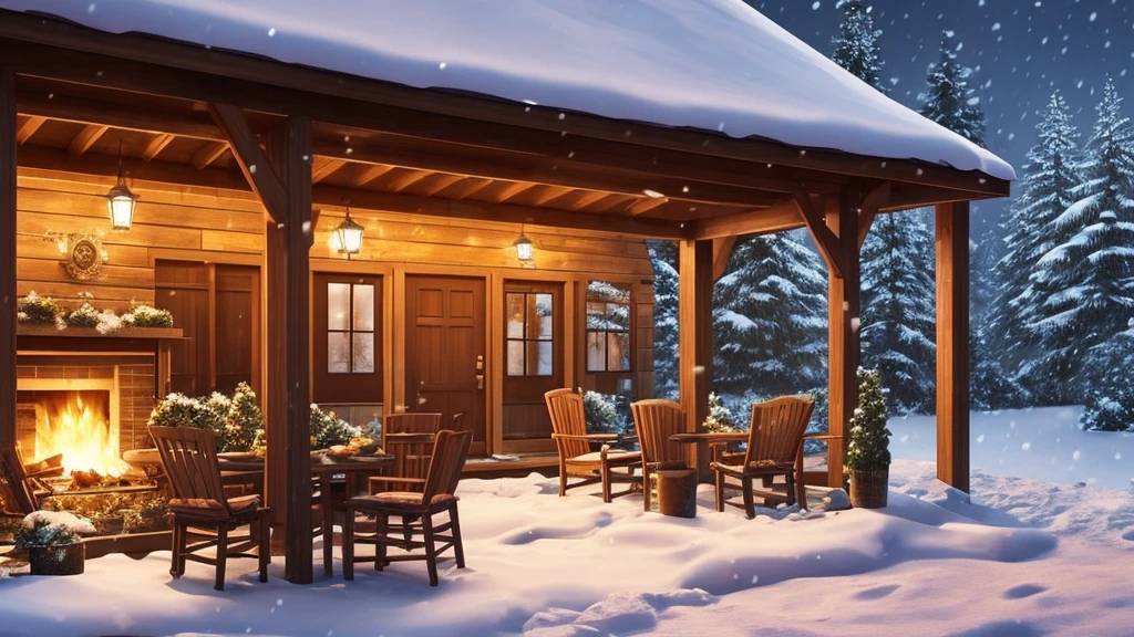 snowy covered porch with chairs and a fire place in the middle, a digital rendering inspired by Terry Redlin, shutterstock, digital art, cozy setting, winter setting, cozy place, cozy and peaceful atmosphere, snowfall at night, cozy wallpaper, outside in snow snowing, cozy home background, snowy night, cozy atmospheric, atmospheric cold lighting, cozy environment, winter night
