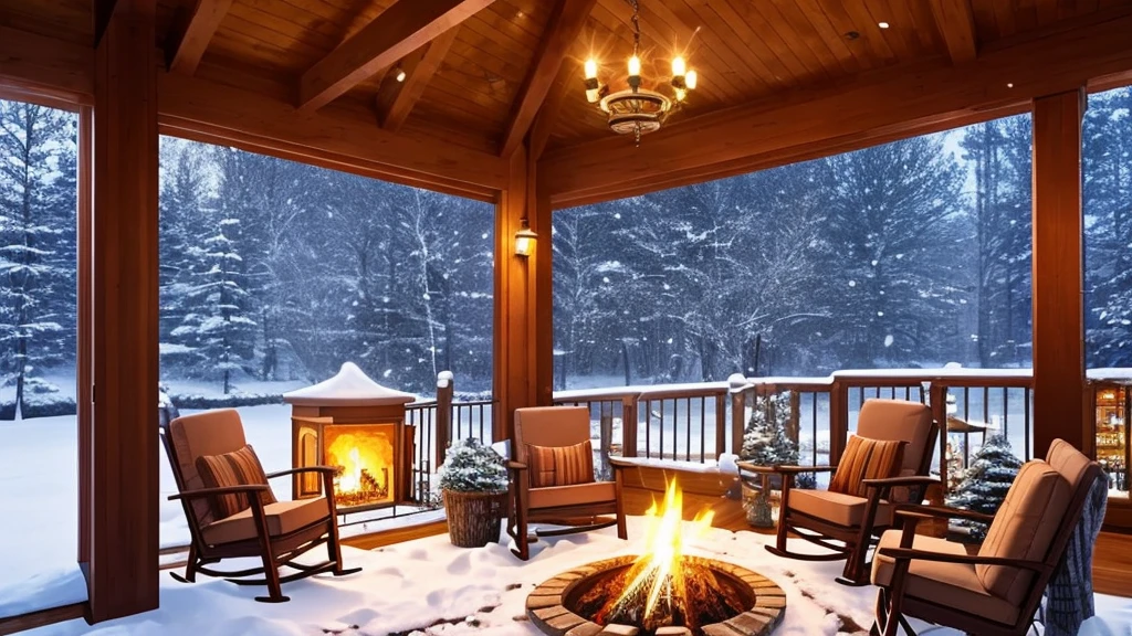 snowy covered porch with chairs and a fire place in the middle, a digital rendering inspired by Terry Redlin, shutterstock, digital art, cozy setting, winter setting, cozy place, cozy and peaceful atmosphere, snowfall at night, cozy wallpaper, outside in snow snowing, cozy home background, snowy night, cozy atmospheric, atmospheric cold lighting, cozy environment, winter night