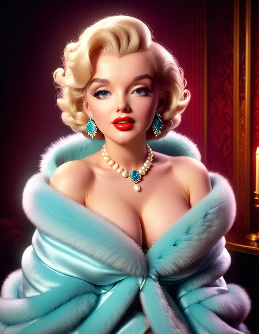 A photorealistic rendering of Marilyn Monroe in a glamorous pose, wearing a fur stole and pearl necklace, exuding classic Hollywood elegance. Hyper-realistic, vibrant colors, 16k