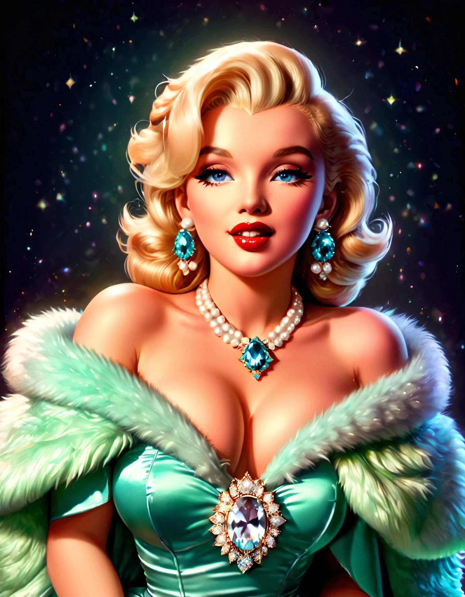 A photorealistic rendering of Marilyn Monroe in a glamorous pose, wearing a fur stole and pearl necklace, exuding classic Hollywood elegance. Hyper-realistic, vibrant colors, 16k