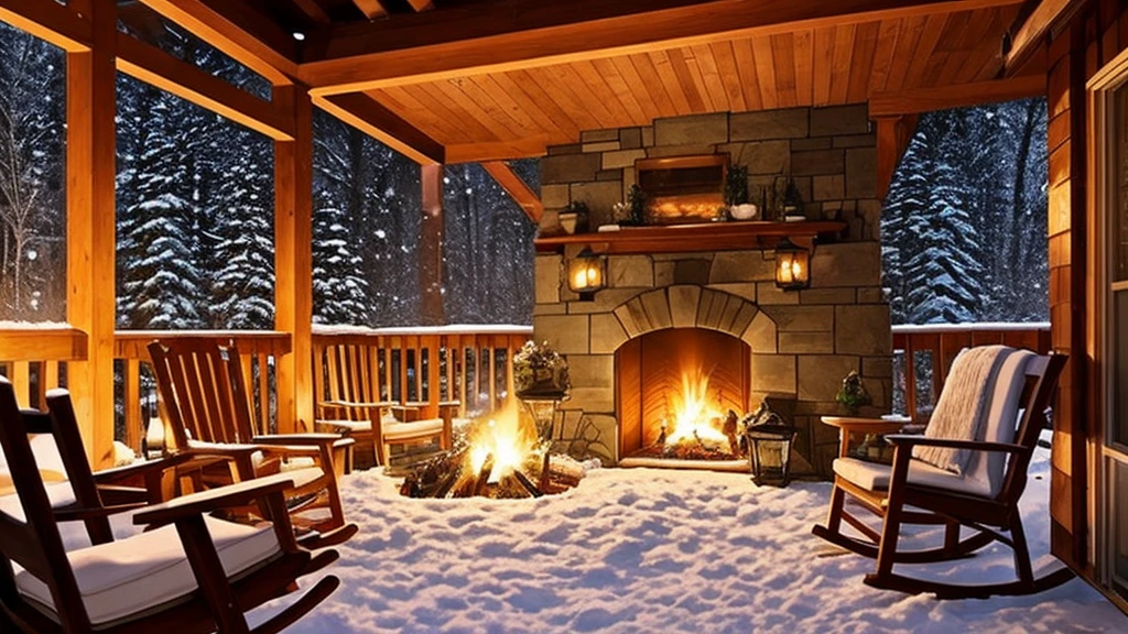 snowy covered porch with chairs and a fire place in the middle, cozy setting, winter setting, cozy place, cozy and peaceful atmosphere, snowfall at night, cozy wallpaper, cozy home background, outside in snow snowing, snowy night, cozy atmospheric, atmospheric cold lighting, cozy environment, winter night, cozy and calm, warm beautiful scene, cozy atmosphere, pleasant cozy atmosphere