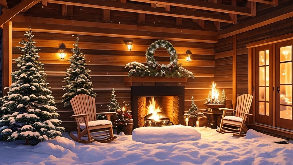 snowy covered porch with chairs and a fire place in the middle, cozy setting, winter setting, cozy place, cozy and peaceful atmosphere, snowfall at night, cozy wallpaper, cozy home background, outside in snow snowing, snowy night, cozy atmospheric, atmospheric cold lighting, cozy environment, winter night, cozy and calm, warm beautiful scene, cozy atmosphere, pleasant cozy atmosphere
