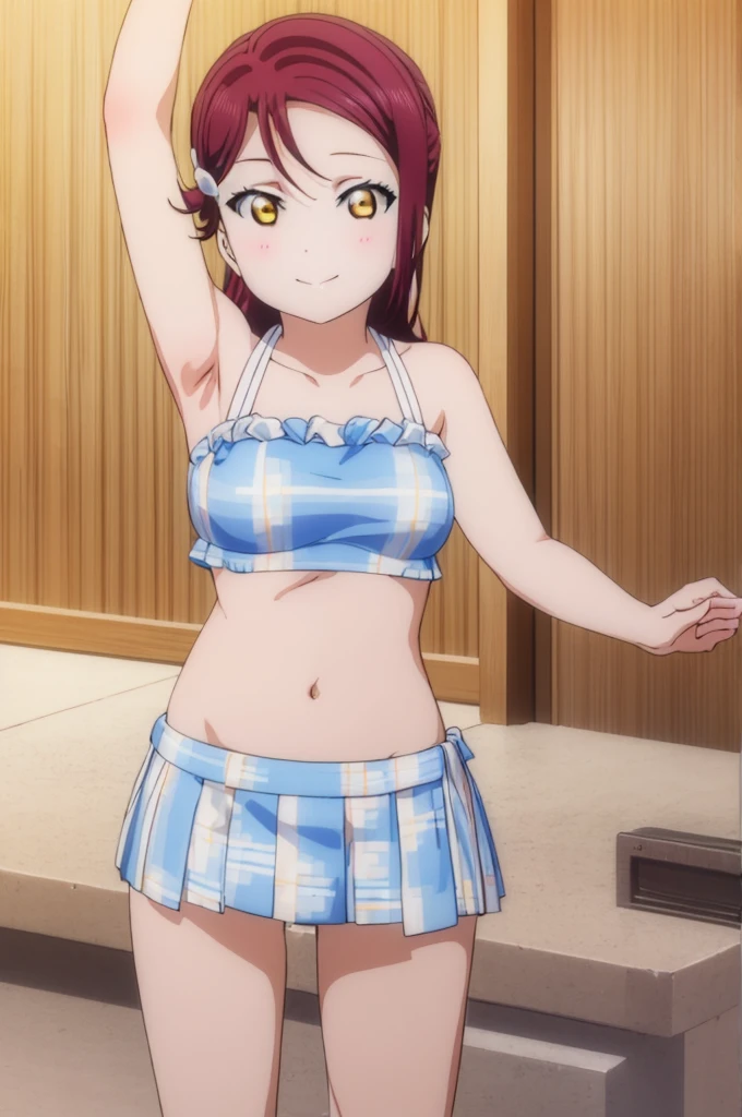 1 girl、 lovelive！Yo Watanabe、uniform、red panties with big erection、Bulges greatly、penis in panties　M-shaped legs　panties swell up