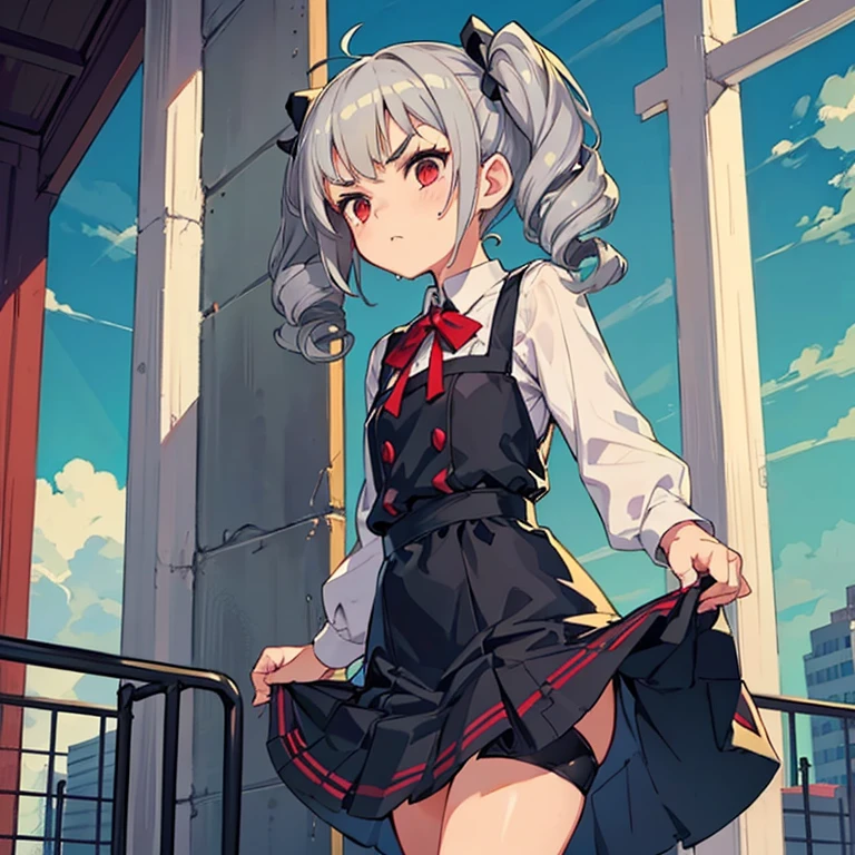 Young girl with grey hair, ((fringed and curly hair)),((curly short twintail)), curly hair ,(red eyes),, ((small bushy eyebrows)), wearing gothic lolita clothing, lolicon , walking to school, bored look, bored face, , lifting her skirt to show her vagina wet with semen, having sex
