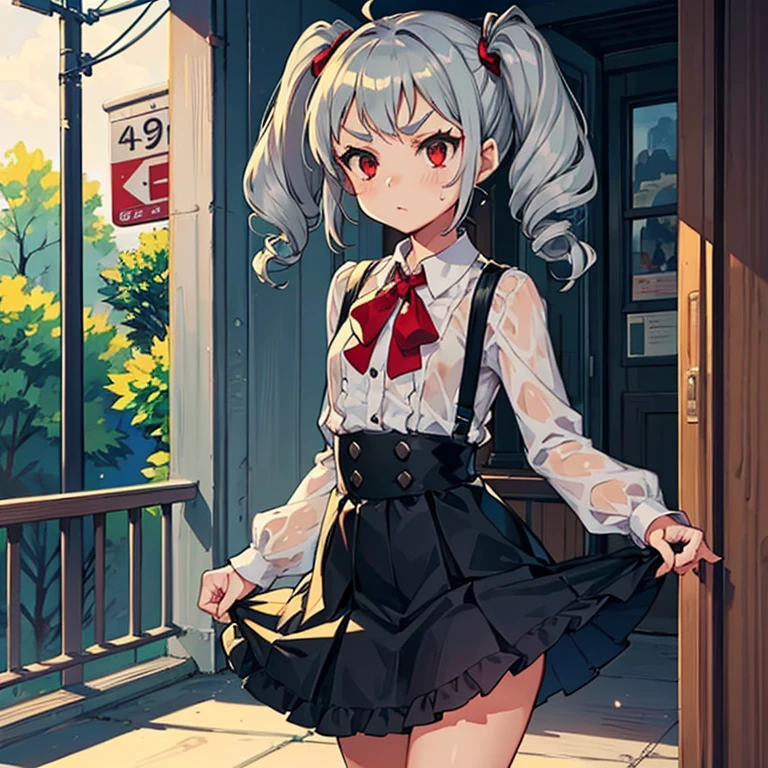 Young girl with grey hair, ((fringed and curly hair)),((curly short twintail)), curly hair ,(red eyes),, ((small bushy eyebrows)), wearing gothic ta clothing, loli, walking to school, bored look, bored face, , lifting her skirt to show her vagina wet with semen, having sex