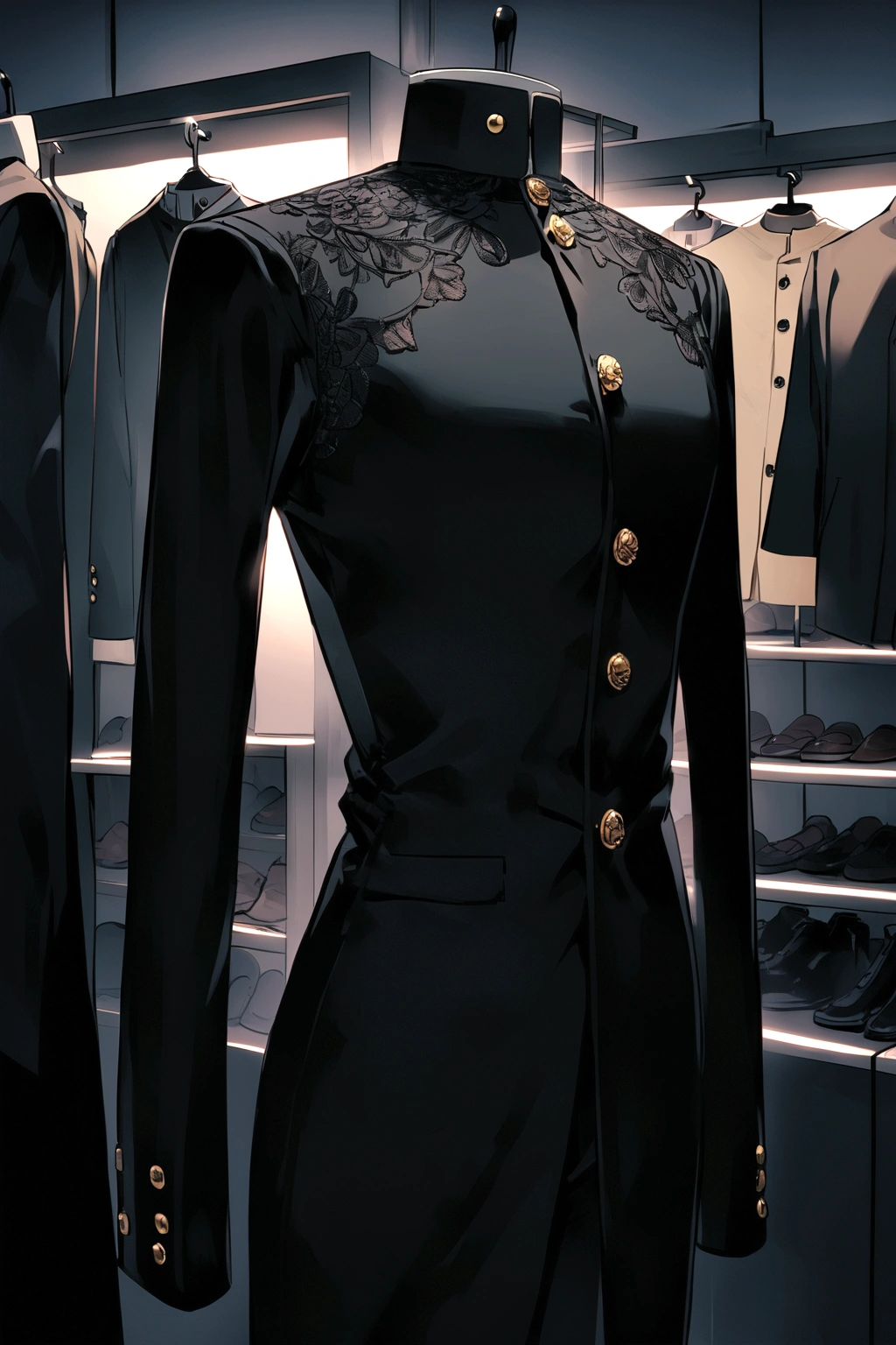 A mannequin wearing a gakuran black on a clothing store shelf