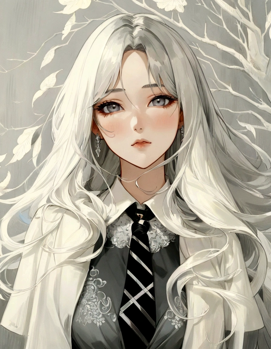 beautiful girl, black hair, gray eyes, cool, office, discreet, elegant, attractive, magical, manhwa, beautiful dress