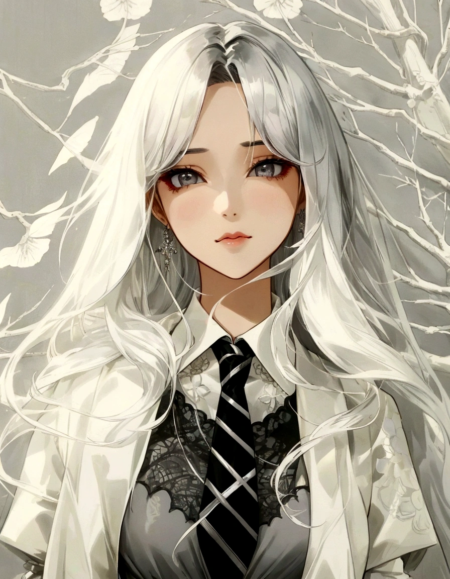 beautiful girl, black hair, gray eyes, cool, office, discreet, elegant, attractive, magical, manhwa, beautiful dress