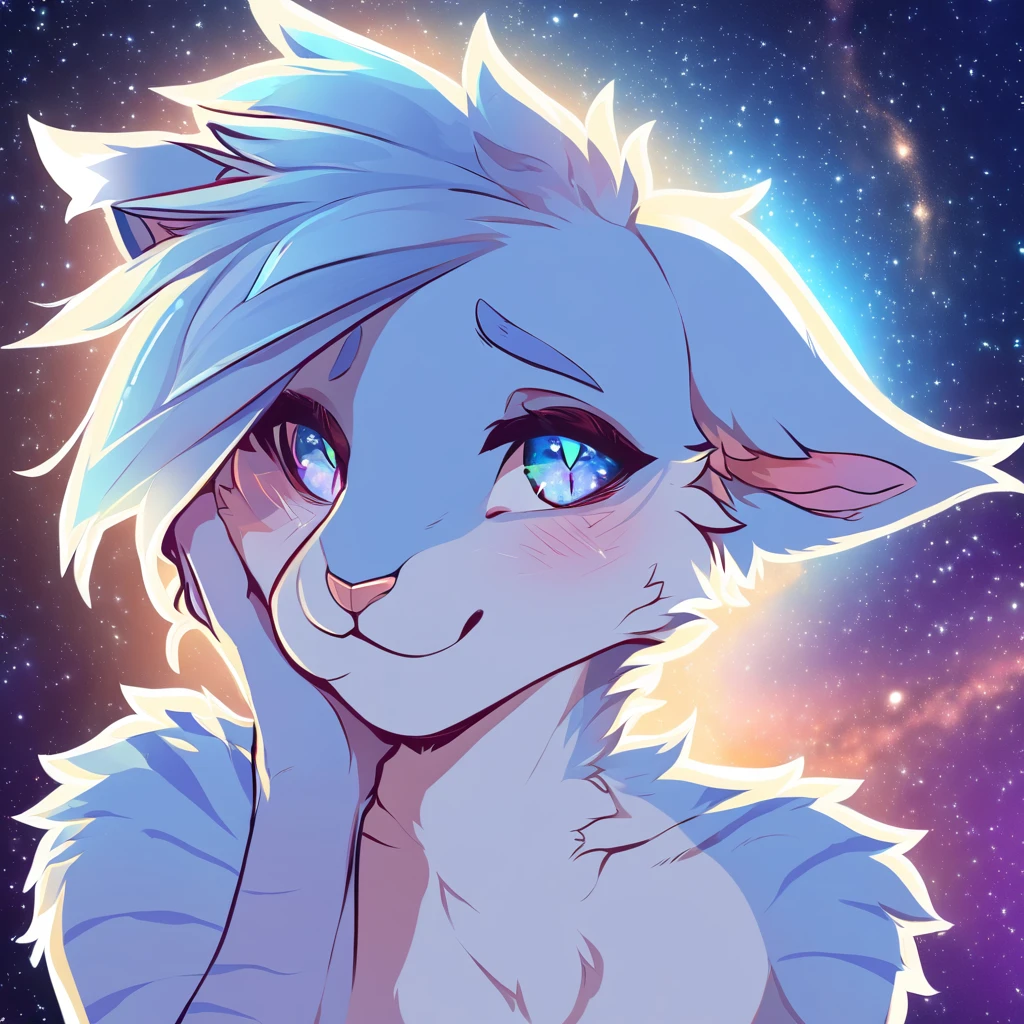 adult, feline, mammal, anthro, anthromorphic, cat, striped, fur, furred_anthro, femboy, male, light_blue, ear_tufts, purple, paws, hair_tuft, hair_between_eyes, long_tail, fluffy, expressive_eyes, light_blue_hair, light, galaxy, looking_at_viewer, blue_fur, shy, small_pupils, spotted_pattern, stripes, tiger_stripes, digital_art, high_resolution, high_res, background shy, head_visible, neck_visible, profile_picture, seductive_face