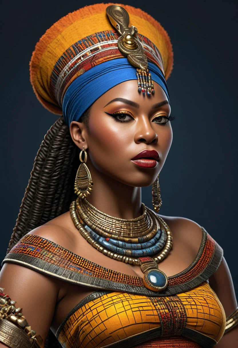 a highly detailed, realistic representation of Queen Nzinga, thick figure, attractive, gorgeous, beautiful, queen, African warrior attire, adorned with tribal jewelry and a striking expression.