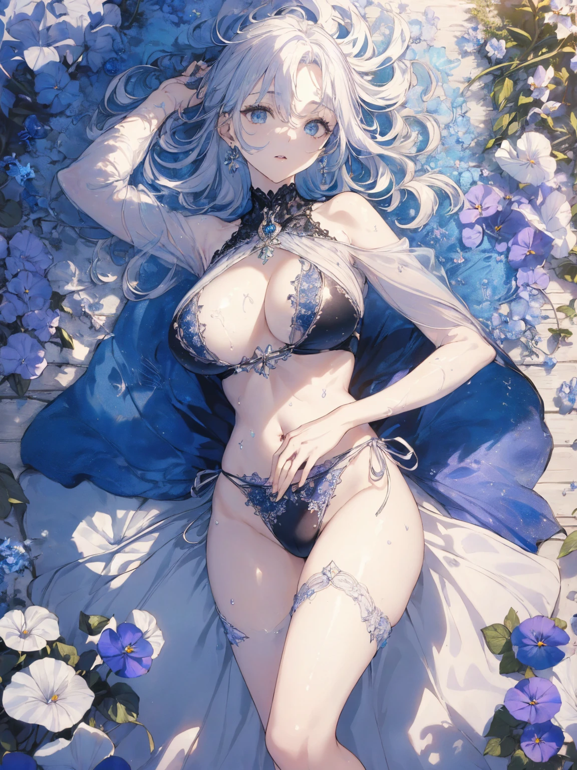 (water photo:1.1, in blue garden:1.5), Masterpiece, best quality, (very detailed CG unity 8k wallpaper), (best quality), High definition RAW color art, Animation,sculptures, (black Marble Skin), (((Ultra detailed elegant))), Magical atmosphere, Detailed skin, Texture,(Intricately detailed, Fine detail, ultra-detail art), depth of fields, bokeh, Silky Touch, Hyper Detail, beautiful eyes, Elegant Face, (lying on pastel white waterfront, morning glory), sparkle background, enormous breast:1.3, (silver hair), pastel purple, embarrassing red face, wide open udder, shorthair, nsfw frill bikini