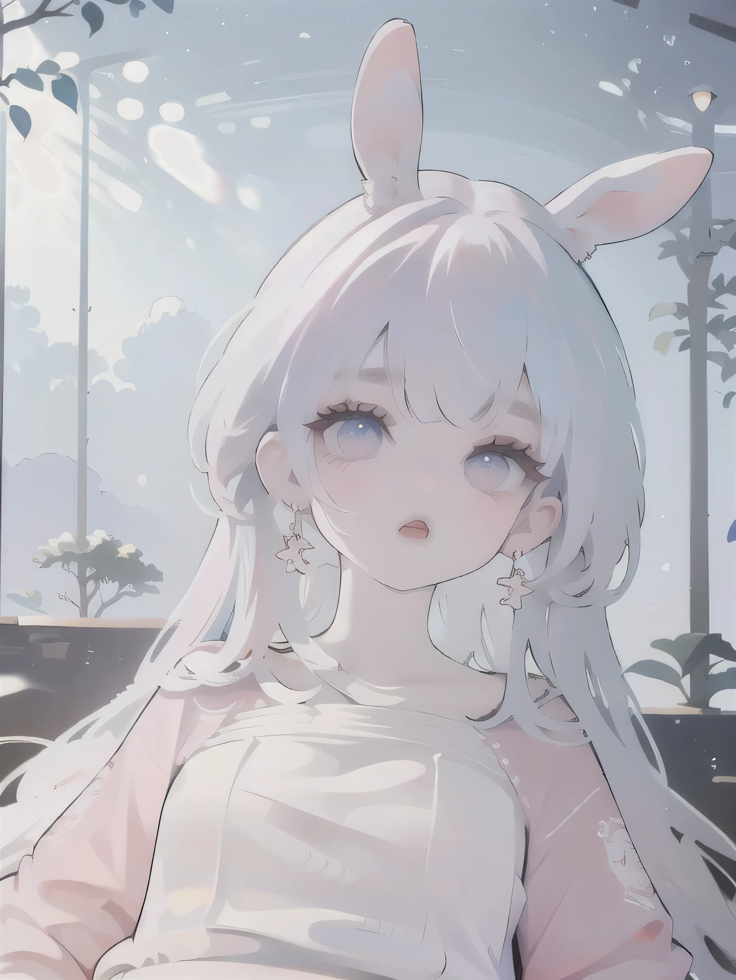(high quality) (best quality) (a woman) (correct physiognomy) (Perfect students) (perfect eyes) woman with ears bunny in his head, deep pink long fluffy hair pink, two rabbit ears coming out of her head, blue eyes, sensitive lips, feminine appearance, soft facial features, thin eyebrows, soft skin, rosy cheeks, pink lips, silky eyelashes, dreamy expression, middle age, youthful clothes, printed sweatshirt, photo illuminated by sunlight, Woman sitting in the forest.