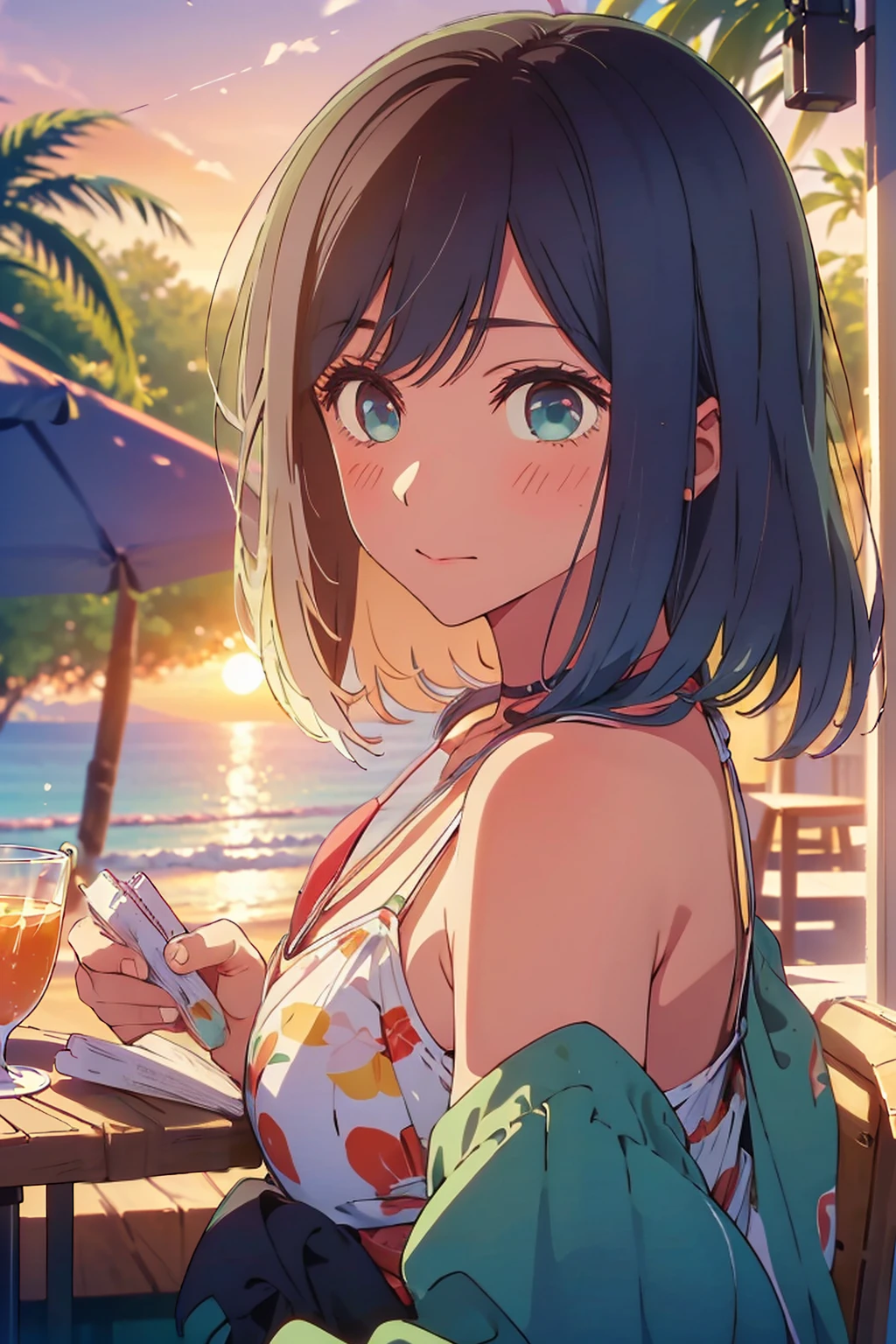 (Highest quality:1.4、masterpiece:1.4、Super detailed:1.4、8K:1.4)、Slim body、((((1 person、Surprised expression、sit、Outdoor café terrace、coastal、juice、table、Sandy Beach、bikini、juiceのグラスを持つ、Big eyes、Shallow depth of field、Very cute face))))、(((sunset、Sunset)))、(((bikiniサイズは小さい)))、(Areola protrudes)、F cup bust、Big Breasts、Get up close and take a photo