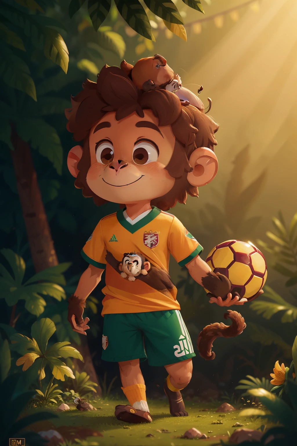 A lifelike statue of a thoughtful monkey, dressed in a vibrant Fluminense soccer team shirt, with short, curly brown fur, and expressive brown eyes, is depicted in a realistic manner. The monkey's shirt is a bright yellow, contrasting with the neutral background, creating an atmospheric, moody scene. The details of the monkey's fur, facial features, and the Fluminense logo on its shirt are incredibly detailed and hyper-realistic. The bright lights illuminate the scene, highlighting the monkey's joyful expression as it walks alone in a beautiful mountainous landscape, bathed in the golden light of the setting sun. The image is of high quality
