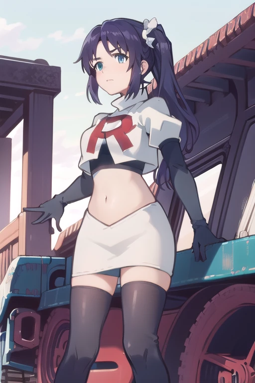 1girl,solo,outdoor,
aatisaki,blue_hair,blue_eyes,side_ponytail,team rocket,team rocket uniform,white skirt,red letter R,crop top,black thigh-highs,black elbow gloves