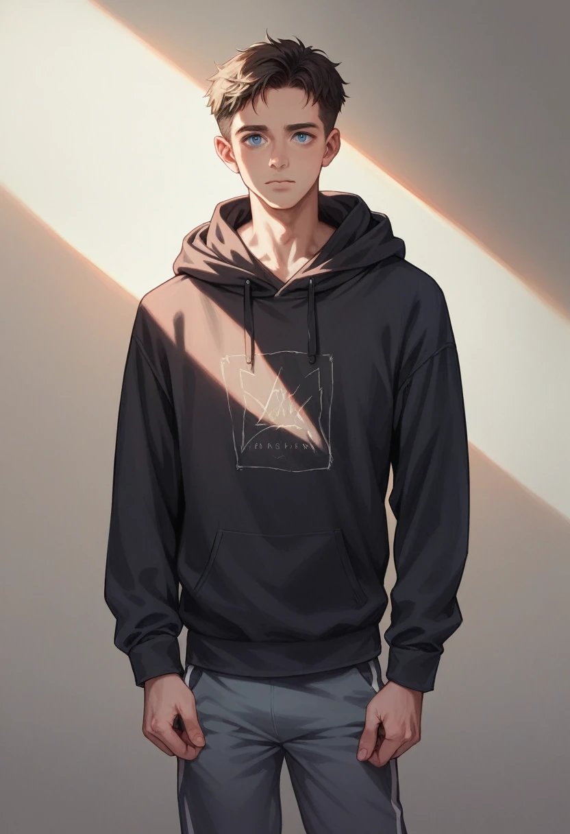 young male with dark blue eyes, medium-length blond hair, thin frame, medium height, oversized black hoodie, trackpants, realistic, soft lighting, high detail, 8k, photorealistic
