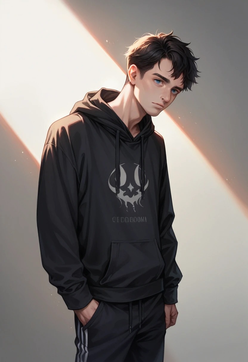 young male with dark blue eyes, medium-length blond hair, thin frame, medium height, oversized black hoodie, trackpants, realistic, soft lighting, high detail, 8k, photorealistic