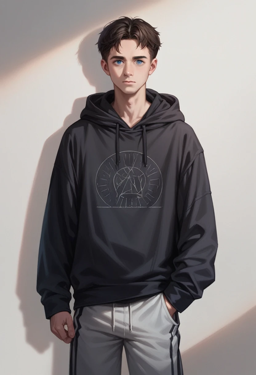 young male with dark blue eyes, medium-length blond hair, thin frame, medium height, oversized black hoodie, trackpants, realistic, soft lighting, high detail, 8k, photorealistic