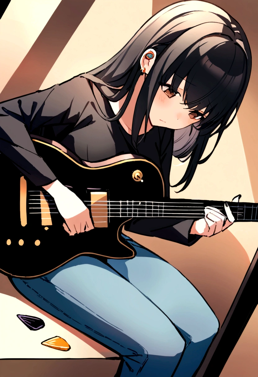 (work of art, maximum quality) 1 girl, musical instrument shop, alone , black blouse , brown dark eyes , holding a giaannini guitar ,earbuds, sit down, containment, guitar pick, instrument, long hair, music , jeans, hinterland , com objetos de アニメs, dynamic angle , Bblack hair , アニメ , brown skin, wavy hair