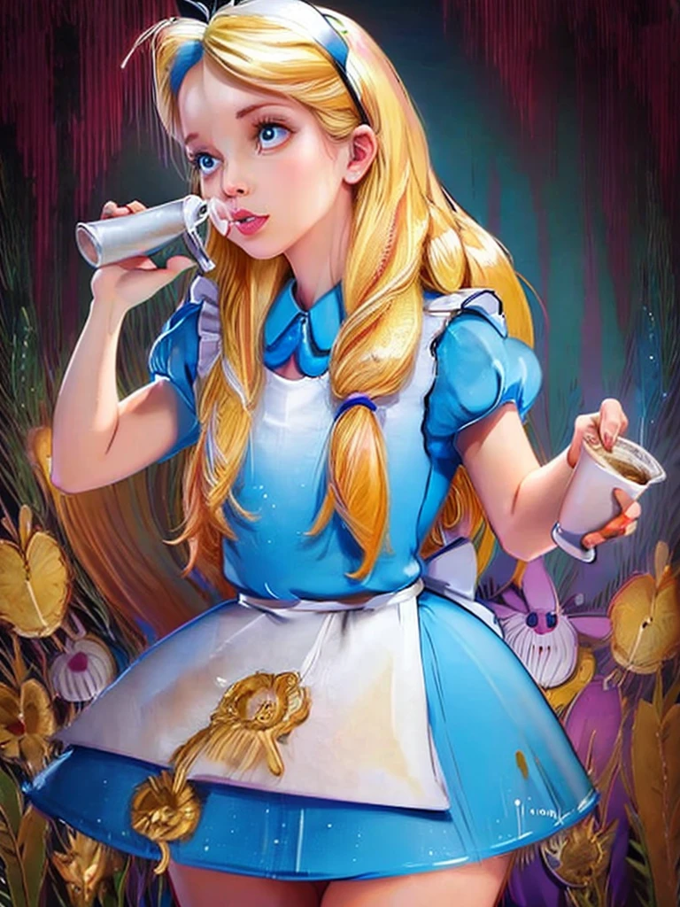 Ultra detailed, Alice in Wonderland, a beautiful Blonde haired, nude woman, drinking cup of coffee, dynamic lighting, Animals in back ground.