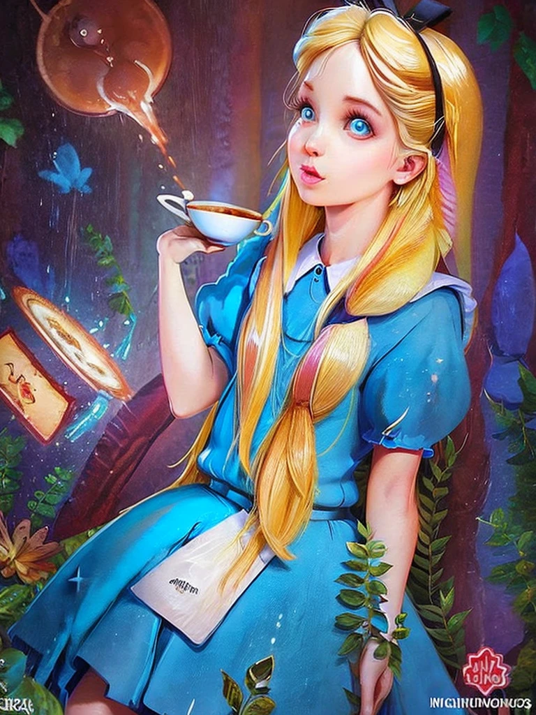 Ultra detailed, Alice in Wonderland, a beautiful Blonde haired, nude woman, drinking cup of coffee, dynamic lighting, Animals in back ground.