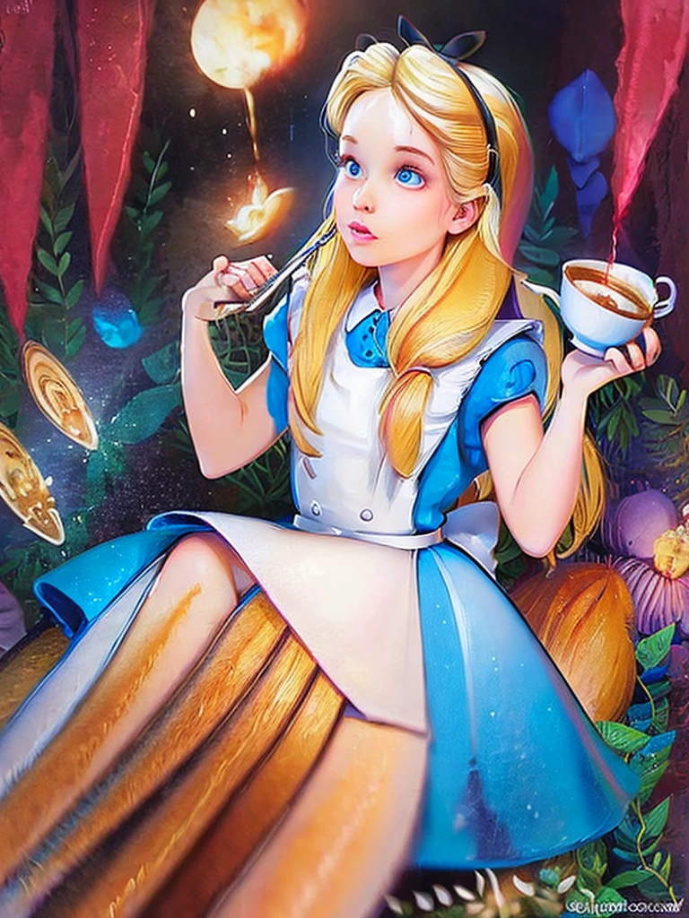 Ultra detailed, Alice in Wonderland, a beautiful Blonde haired, nude woman, drinking cup of coffee, dynamic lighting, Animals in back ground.