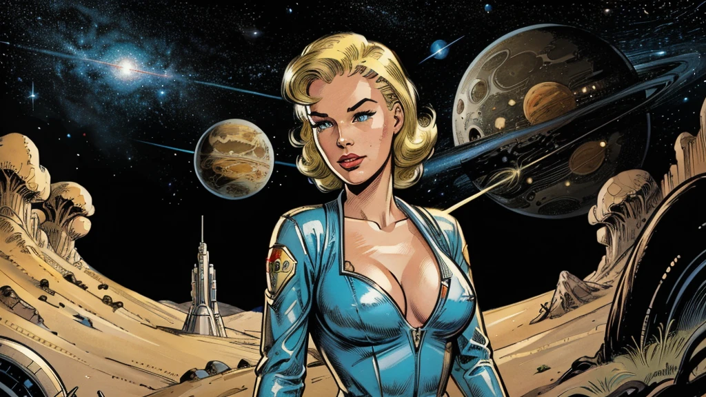 1950s retro comic, slender hot blonde space girl (realistic proportions) with a close-fitting astronaut suit, cleavage, she looks at the camera, background: planets, nebula, stars, spaceships, rayguns, lasers, aliens, monsters, alien cities, alien vegetation