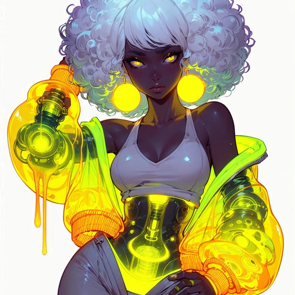 line-less manga style, anime semi realistic, neon Baroque Style, African American_female, mature facial features, curly wet white afro, heavy-lidded eyes, semi realistic, neon yellow details, see-through yellow lava lamp abdomen, exposed lava lamp stomach, off-the-shoulder oversized puffer jacket, yellow see-through puffer jacket hanging off her shoulders, sci fi robotic neon yellow lava lamp arms, saggy baggy grey pants, neon robotic parts, glowing neon hoop ear rings, true to original image, high resolution, high quality, full body
