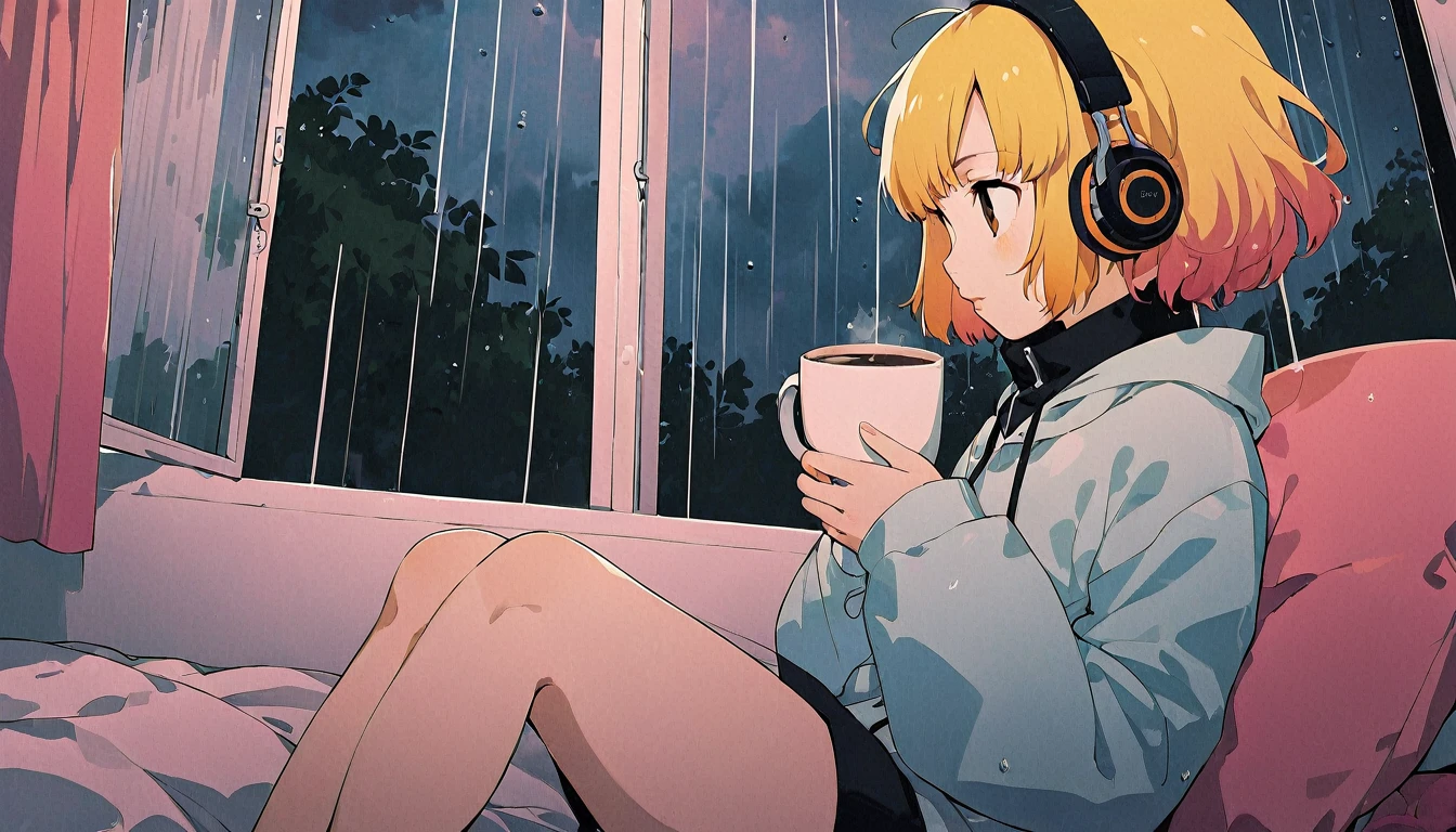 Lofi Song, sitting on the bed. looking at the window, having a coffee. listening to music on headphones, while looking out the window and seeing the rain falling