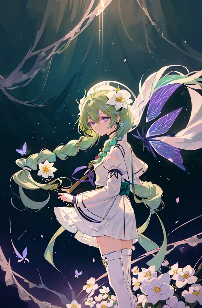 (Masterpiece, Best Quality: 1.4), white Background, Long Hair, Jewelry, Earrings, Necklace, Bride, ((green Hair)), Halo, (Overlook), Dynamic Angle, Ultra Detailed, Illustration, Close Up, Direct Look, 1girl, (Fantasy: 1.4), (Purple Eyes: 1.233), Her Eyes Shine Like Dreamy Stars, (Glow Eyes: 1.233), (Beautiful and Delicate Eyes: 1.1), (green Hair: 1.4), (Messy Hair, Very Long Hair, French braids, hair between the eyes, side hair), (+(white hair flower: 1.14)), (chiffon dress, uniform white flower pattern)/= (military uniform: 1.24), (fingerless gloves), choker, (miko thighhighs), high heeled boots, (expressionless, shut up), (standing), (white flowers, blooming),(Ruins),(Night:1.2),dreamy,Soul,(fluorescent),(Flying Translucent Blue Butterfly:1.15),[Delicate Fingers and Hands:0.55]::0.85], (Finger Detail), (Yubao:0.5),((town background)),((full body)),((turquoise hair)),green hair,((green hair)),night,near the river,Walking in the distance,
