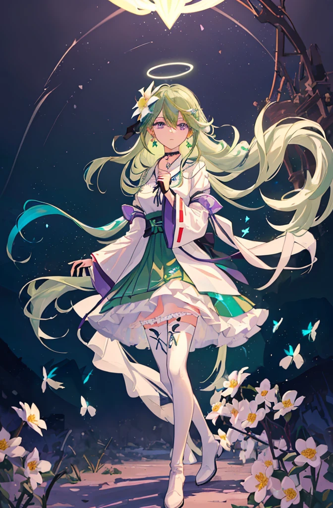 (Masterpiece, Best Quality: 1.4), white Background, Long Hair, Jewelry, Earrings, Necklace, Bride, ((green Hair)), Halo, (Overlook), Dynamic Angle, Ultra Detailed, Illustration, Close Up, Direct Look, 1girl, (Fantasy: 1.4), (Purple Eyes: 1.233), Her Eyes Shine Like Dreamy Stars, (Glow Eyes: 1.233), (Beautiful and Delicate Eyes: 1.1), (green Hair: 1.4), (Messy Hair, Very Long Hair, French braids, hair between the eyes, side hair), (+(white hair flower: 1.14)), (chiffon dress, uniform white flower pattern)/= (military uniform: 1.24), (fingerless gloves), choker, (miko thighhighs), high heeled boots, (expressionless, shut up), (standing), (white flowers, blooming),(Ruins),(Night:1.2),dreamy,Soul,(fluorescent),(Flying Translucent Blue Butterfly:1.15),[Delicate Fingers and Hands:0.55]::0.85], (Finger Detail), (Yubao:0.5),((town background)),((full body)),((turquoise hair)),green hair,((green hair)),night,near the river,Walking in the distance,