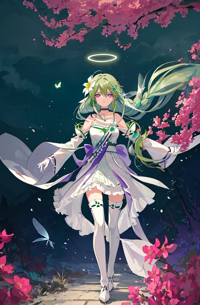 (Masterpiece, Best Quality: 1.4), white Background, Long Hair, Jewelry, Earrings, Necklace, Bride, ((green Hair)), Halo, (Overlook), Dynamic Angle, Ultra Detailed, Illustration, Close Up, Direct Look, 1girl, (Fantasy: 1.4), (Purple Eyes: 1.233), Her Eyes Shine Like Dreamy Stars, (Glow Eyes: 1.233), (Beautiful and Delicate Eyes: 1.1), (green Hair: 1.4), (Messy Hair, Very Long Hair, French braids, hair between the eyes, side hair), (+(white hair flower: 1.14)), (chiffon dress, uniform white flower pattern)/= (military uniform: 1.24), (fingerless gloves), choker, (miko thighhighs), high heeled boots, (expressionless, shut up), (standing), (white flowers, blooming),(Ruins),(Night:1.2),dreamy,Soul,(fluorescent),(Flying Translucent Blue Butterfly:1.15),[Delicate Fingers and Hands:0.55]::0.85], (Finger Detail), (Yubao:0.5),((town background)),((full body)),((turquoise hair)),green hair,((green hair)),night,near the river,Walking in the distance,