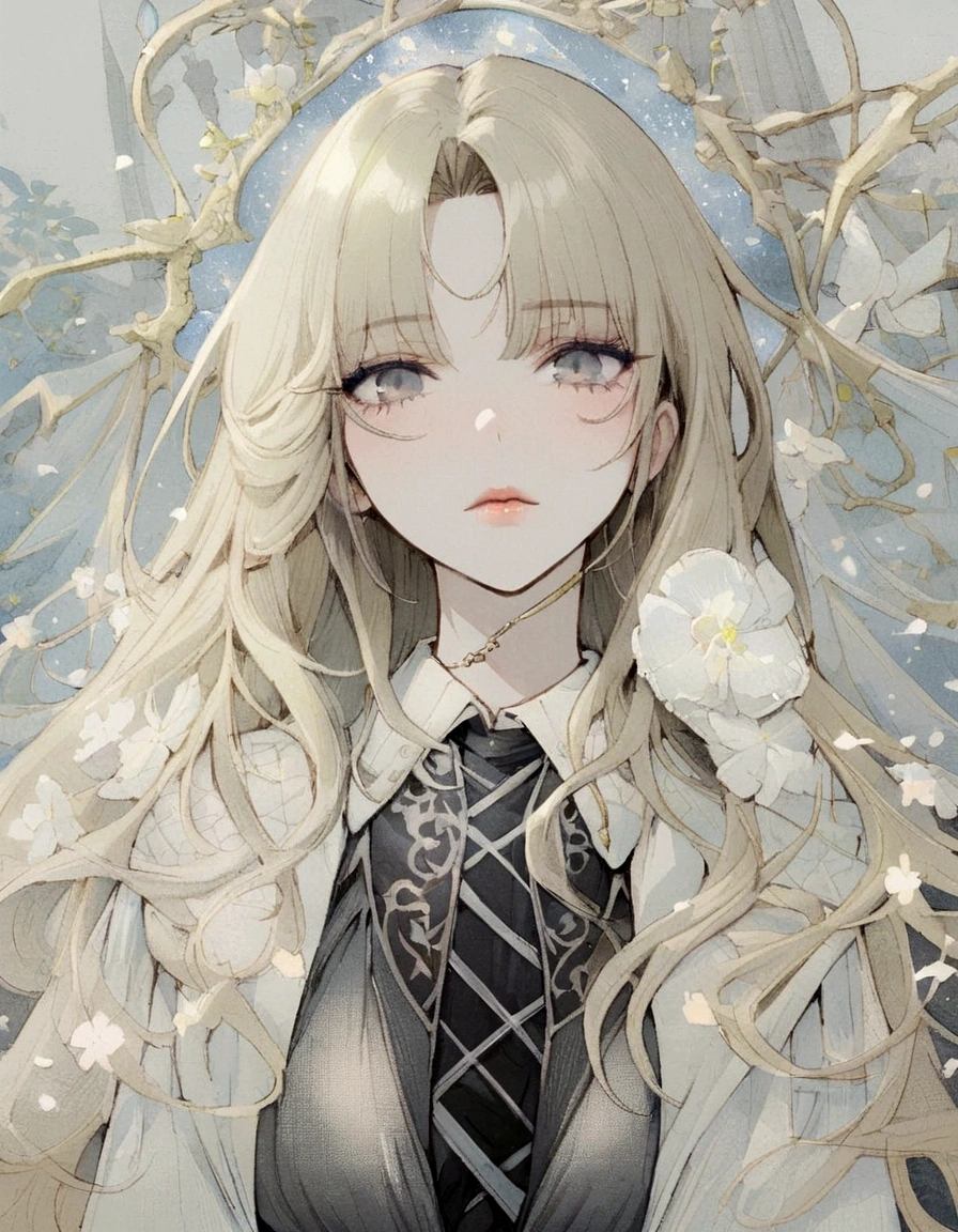 beautiful girl, black hair, gray eyes, cool, office, discreet, elegant, attractive, magical, manhwa, beautiful dress