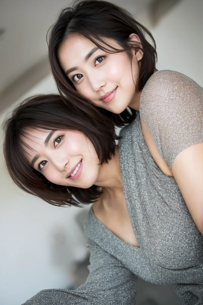（Realistic:1.2）,(masterpiece,Highest quality)，8k,((2人のwoman)),40 years old,wine glass、White wine、Tight waist,Big Hips,Perfect Anatomy, Brown Hair, short hair,Random Hairstyles,((Highly detailed face and eyes:1.2))(Cute Face:1.4)，Beautiful actress face，Perfect golden ratio face，woman&#39;suit、Nice,(smile:1.2)、