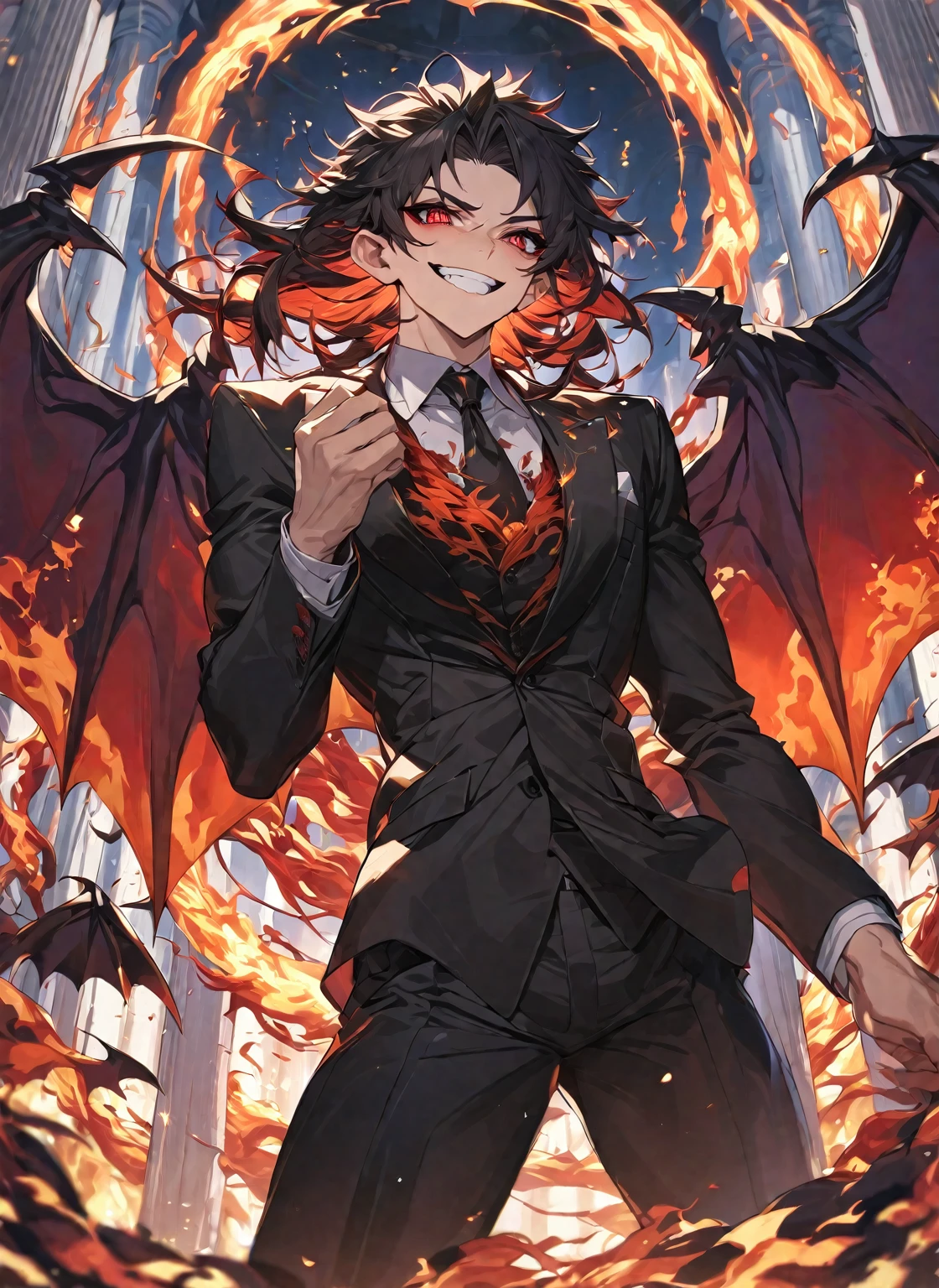 Best quality, one, beautiful, 1 man, 20 years, with a sporty body, V-shaped body, wide shoulders, in a detailed black British suit, crazy wild and toothy smile, huge bat wings, sharp ears, short black hair, model hair, black sclera and blood red eye iris, a circle of fire around it, against the background of a pillar of flame and full of fire and covered with lights, fiery threads