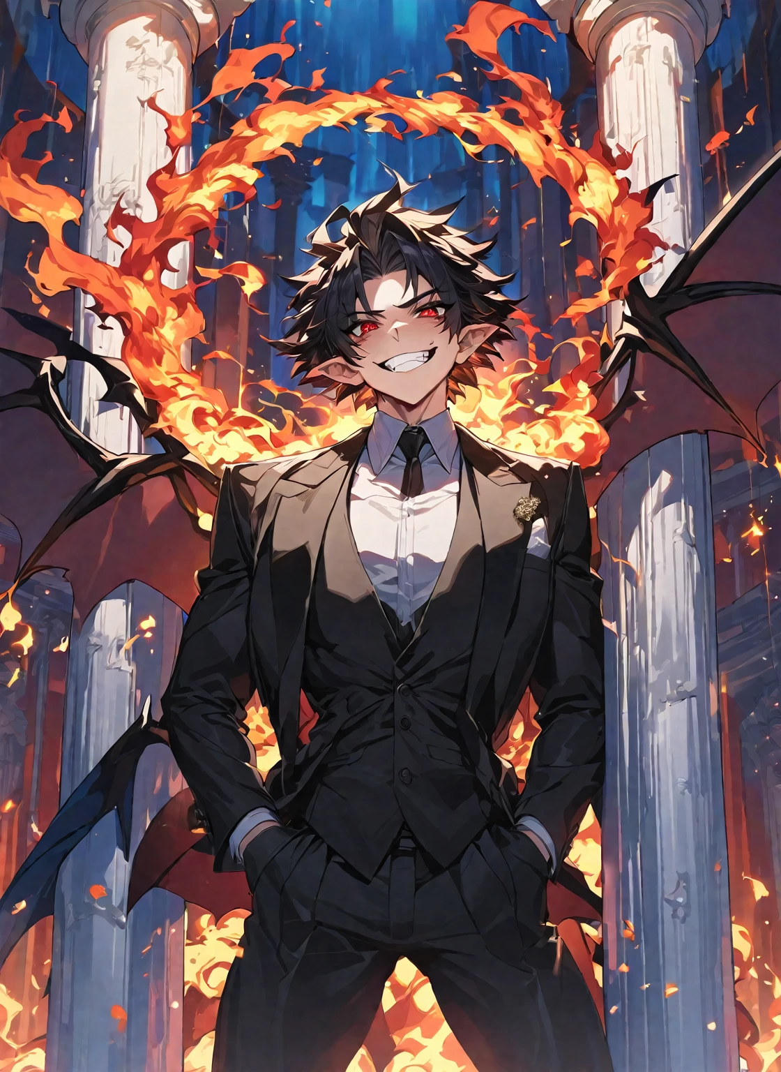 Best quality, one, beautiful, 1 man, 20 years, with a sporty body, V-shaped body, wide shoulders, in a detailed black British suit, crazy wild and toothy smile, huge bat wings, sharp ears, short black hair, model hair, black sclera and blood red eye iris, a circle of fire around it, against the background of a pillar of flame and full of fire and covered with lights, fiery threads
