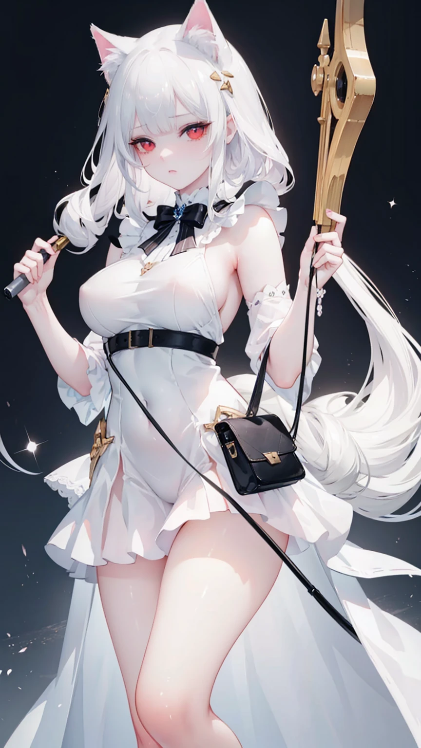 Tsundere 18 year old girl, beautiful and delicate eyes, beautiful lips, Highly detailed eyes and face, long eyelashes, 1girl, white cat ears,foot long bag, Front view, red eyes, (best quality, 4K, 8K, high resolution, masterpiece:1.2), Ultra-detailed, (realistic, realistic, realistic, realistic: 1.37), big bust, Scythe, elegant, fantasy, soft lighting, white background,holding a weapon, maid uniform, Showing armpits,