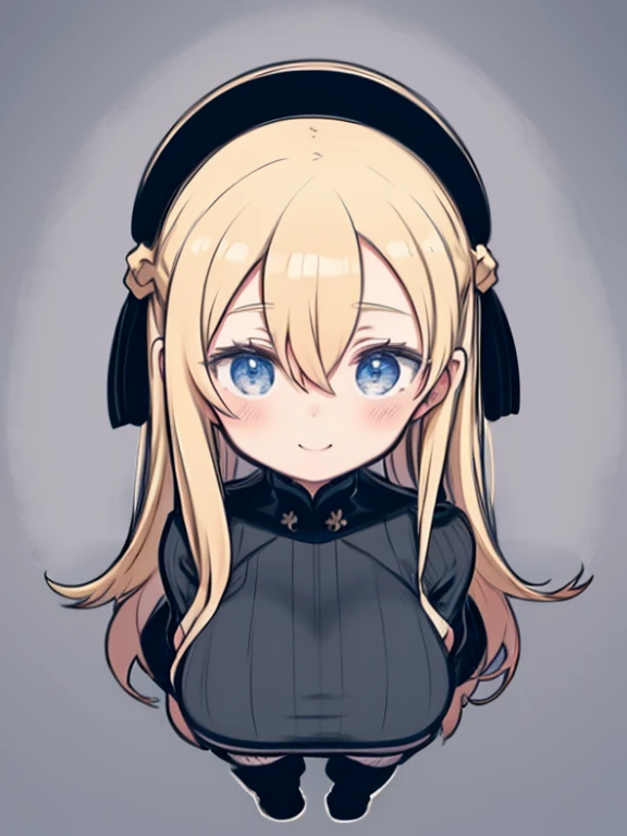 ((Line art、A picture drawn with thick lines))、Black and white painting、monochromatic、(Monochrome)、Flat Color、One Woman、 Chibi Character、Nendoroid、five-headed body、Blonde Hair、Hair between the eyes、long hair、Big Breasts、Huge breasts、blue eyes、Turtleneck sweater、Smiling、Watching the audience、Full body view、Front view、
