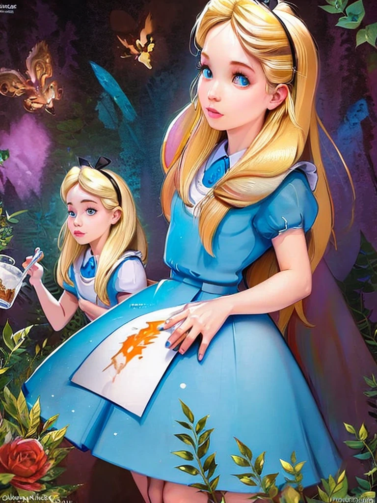 Ultra detailed, Alice in Wonderland, a beautiful Blonde haired, nude woman, drinking cup of coffee, dynamic lighting, Animals in back ground.