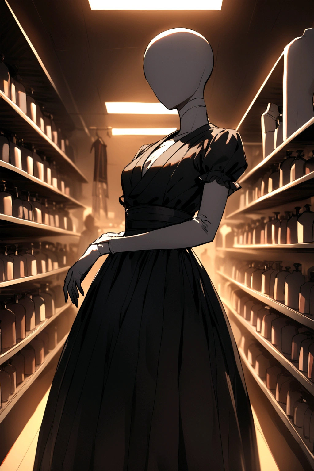 A mannequin wearing a Japanese male black on a clothing store shelf