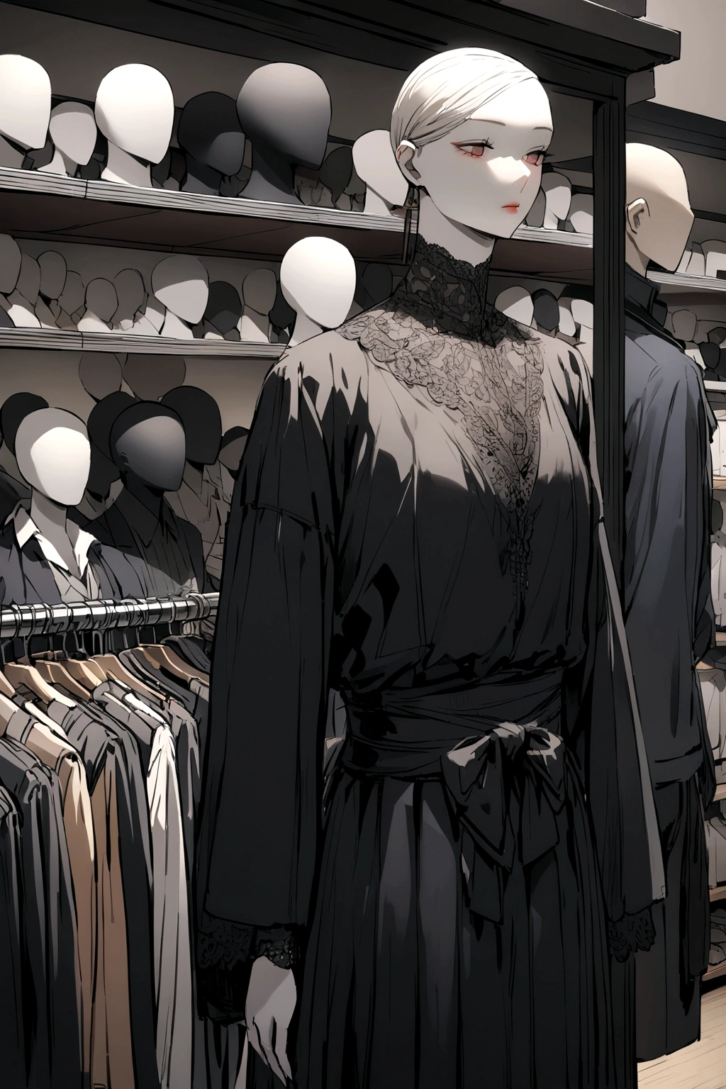 A mannequin wearing a sailor fuku black on a clothing store shelf