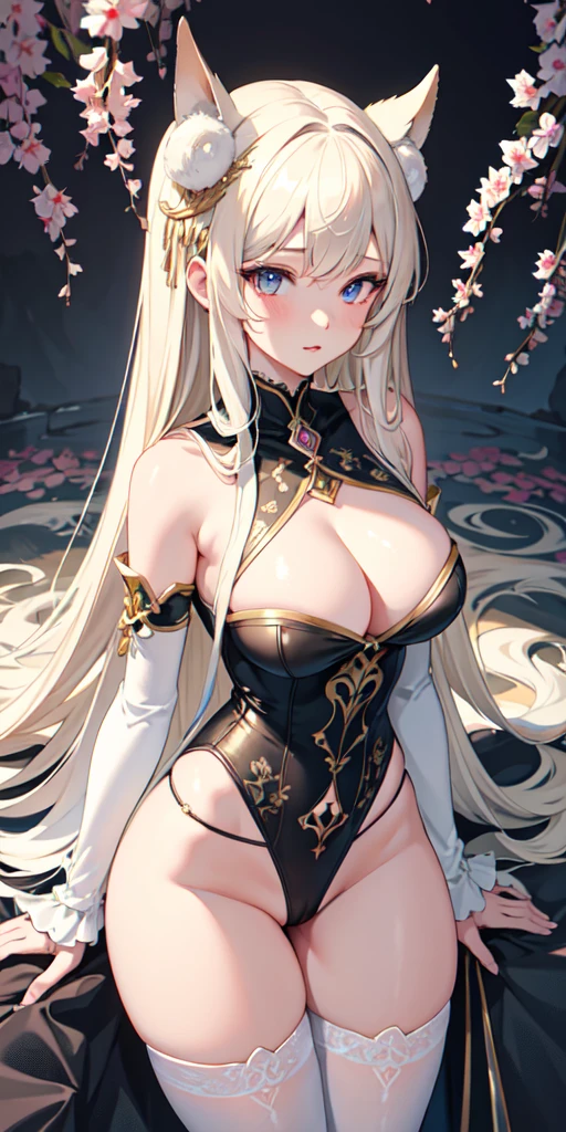 masterpiece, best quality, ultra-detailed, illustration, (1girl), beautiful detailed eyes, looking at viewer, big , on clehighhighs, wide hips, large breasts, cuavage, cun breasts, cum oody,