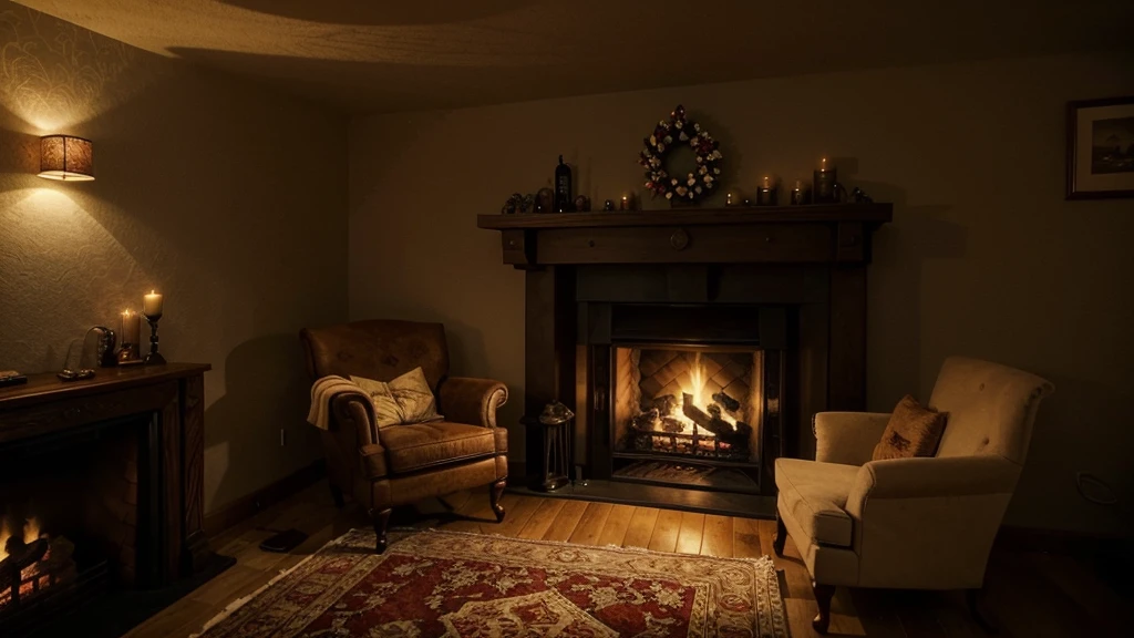arafed room with a fireplace and a chair in it, cozy place, cozy wallpaper, cozy room, cozy home background, cozy environment, cosy enchanted scene, cozy and peaceful atmosphere, cozy atmospheric, cozy and calm, cozy lighting, warm interior, cozy setting, cozy atmosphere, cosy atmoshpere, pleasant cozy atmosphere, cozy living room background