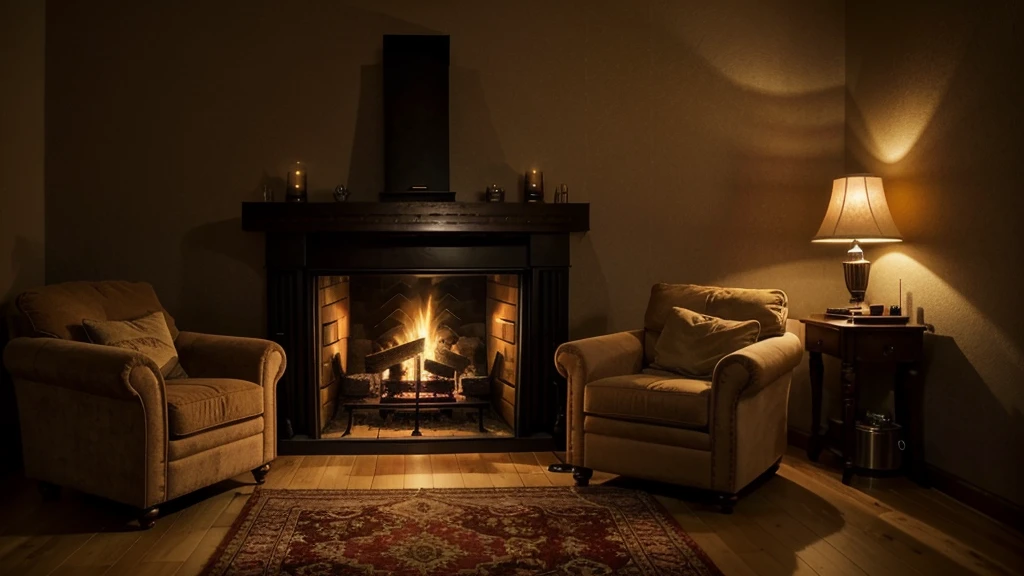 arafed room with a fireplace and a chair in it, cozy place, cozy wallpaper, cozy room, cozy home background, cozy environment, cosy enchanted scene, cozy and peaceful atmosphere, cozy atmospheric, cozy and calm, cozy lighting, warm interior, cozy setting, cozy atmosphere, cosy atmoshpere, pleasant cozy atmosphere, cozy living room background