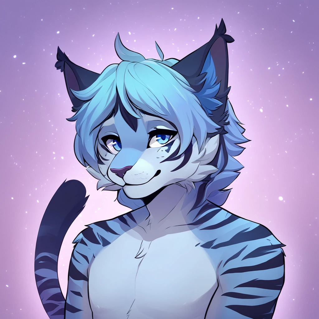 adult, feline, mammal, anthro, anthromorphic, cat, striped, fur, furred_anthro, femboy, male, light_blue, ear_tufts, purple, paws, hair_tuft, hair_between_eyes, long_tail, fluffy, expressive_eyes, light_blue_hair, light, galaxy_fur, looking_at_viewer, blue_fur, shy, small_pupils, spotted_pattern, stripes, tiger_stripes, digital_art, high_resolution, high_res, background shy, head_visible, neck_visible, profile_picture, seductive_face