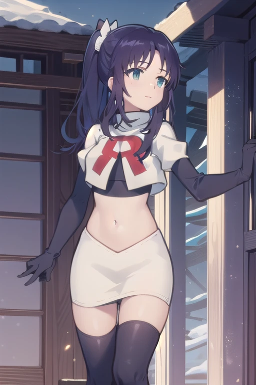 1girl,solo,outdoor,
aatisaki,blue_hair,blue_eyes,side_ponytail,team rocket,team rocket uniform,white skirt,red letter R,crop top,black thigh-highs,black elbow gloves