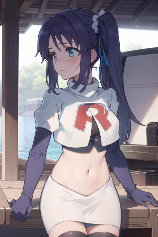 1girl,solo,outdoor,
 aatisaki,blue_hair,blue_eyes,side_ponytail,team rocket,team rocket uniform,white skirt,red letter R,crop top,black thigh-highs,black elbow gloves