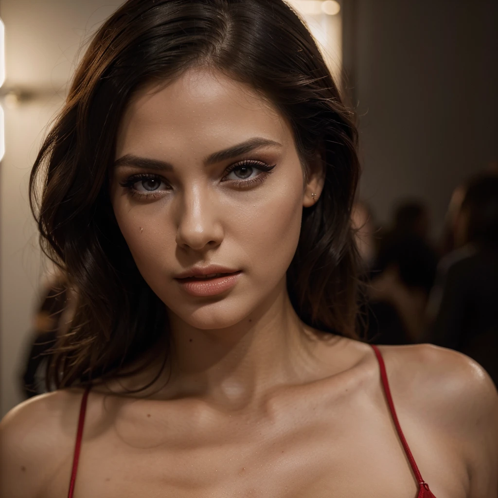 a beautiful woman in a red dress, highly detailed, stylized figure, model pose, full makeup, party in a nightclub, small purse in hand, (best quality,4k,8k,highres,masterpiece:1.2),ultra-detailed,(realistic,photorealistic,photo-realistic:1.37),beautiful detailed eyes,beautiful detailed lips,extremely detailed eyes and face,longeyelashes,dramatic lighting,vivid colors,fashion photography,editorial style