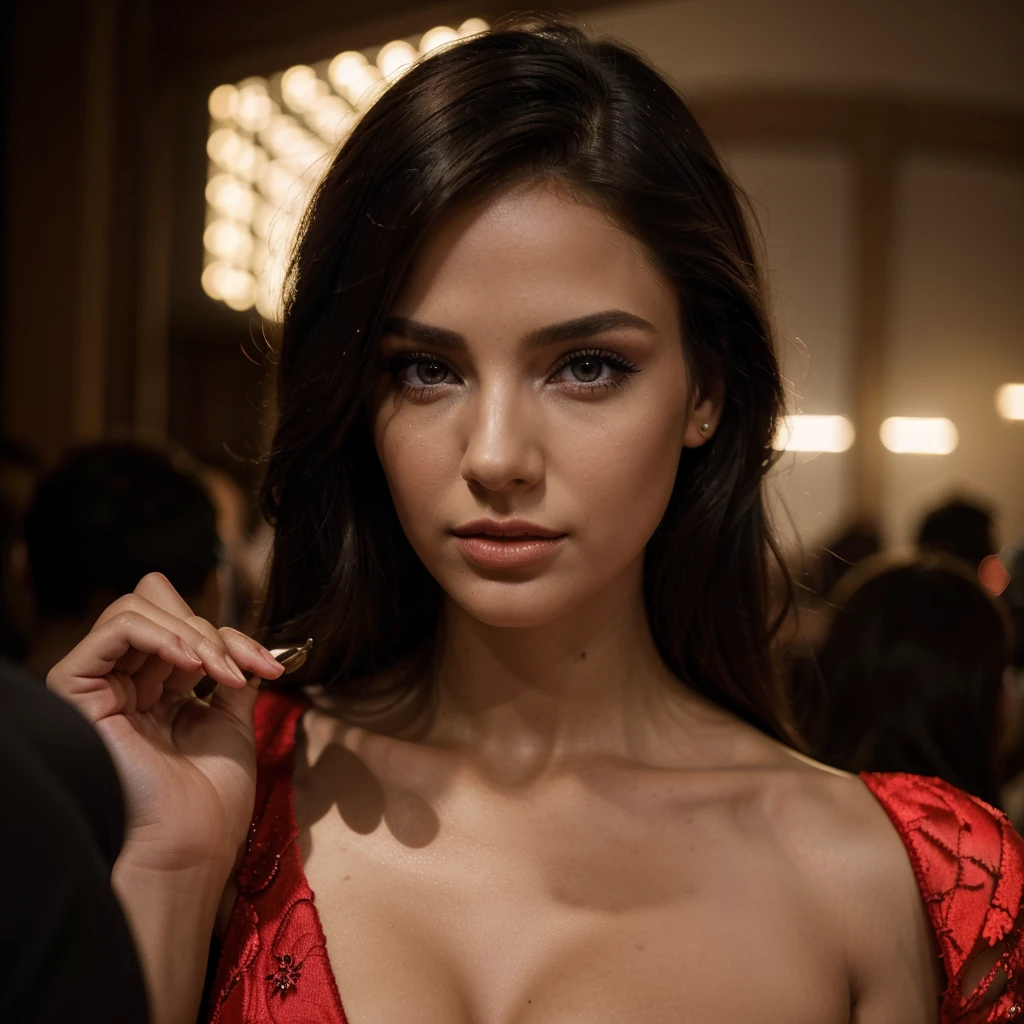 a beautiful woman in a red dress, highly detailed, stylized figure, model pose, full makeup, party in a nightclub, small purse in hand, (best quality,4k,8k,highres,masterpiece:1.2),ultra-detailed,(realistic,photorealistic,photo-realistic:1.37),beautiful detailed eyes,beautiful detailed lips,extremely detailed eyes and face,longeyelashes,dramatic lighting,vivid colors,fashion photography,editorial style