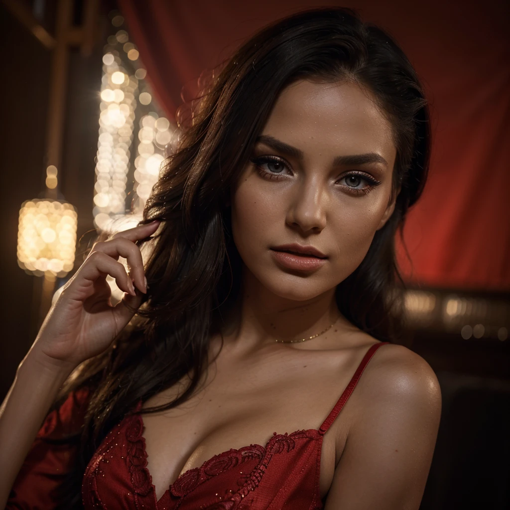 Generate me the most beautiful Italian in the world with a magnificent sexy red outfit as well as a red skirt accessories high quality jewelry from the Gucci brand magnificent ultra realistic face textured with human skin